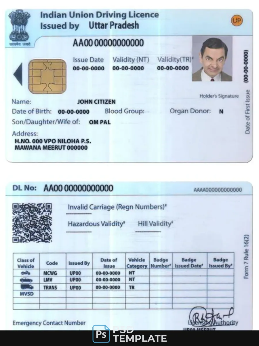 India Union Driving License — Driver License