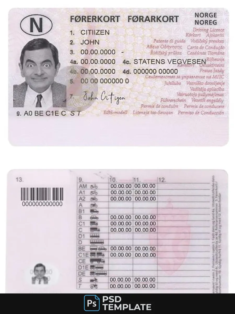 Norway Driving License Templatefully Editable2013Present — Driver License