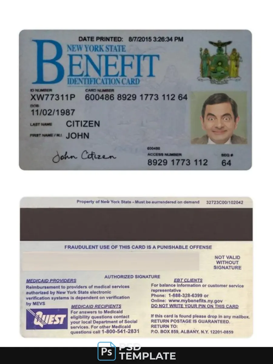 Usa New York Benefit Id Card — ID Cards
