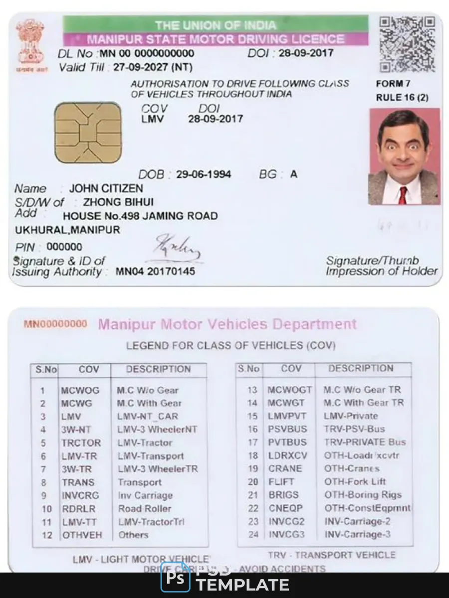 India Manipur State Driving License — Driver License
