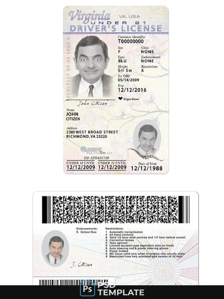 Usa Virginia Driving License Under 21 New Version — Driver License