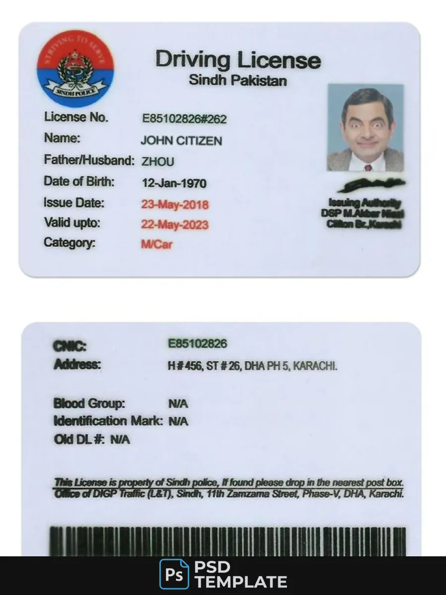 Pakistan Sindh Province Driving License Psd Template Old Version Till 2016 — Driver License