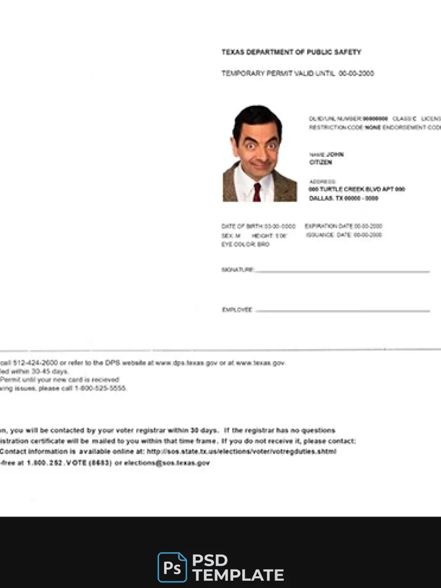 Usa Texas Temporary Driving Permit Psd Editable Template — Driver License