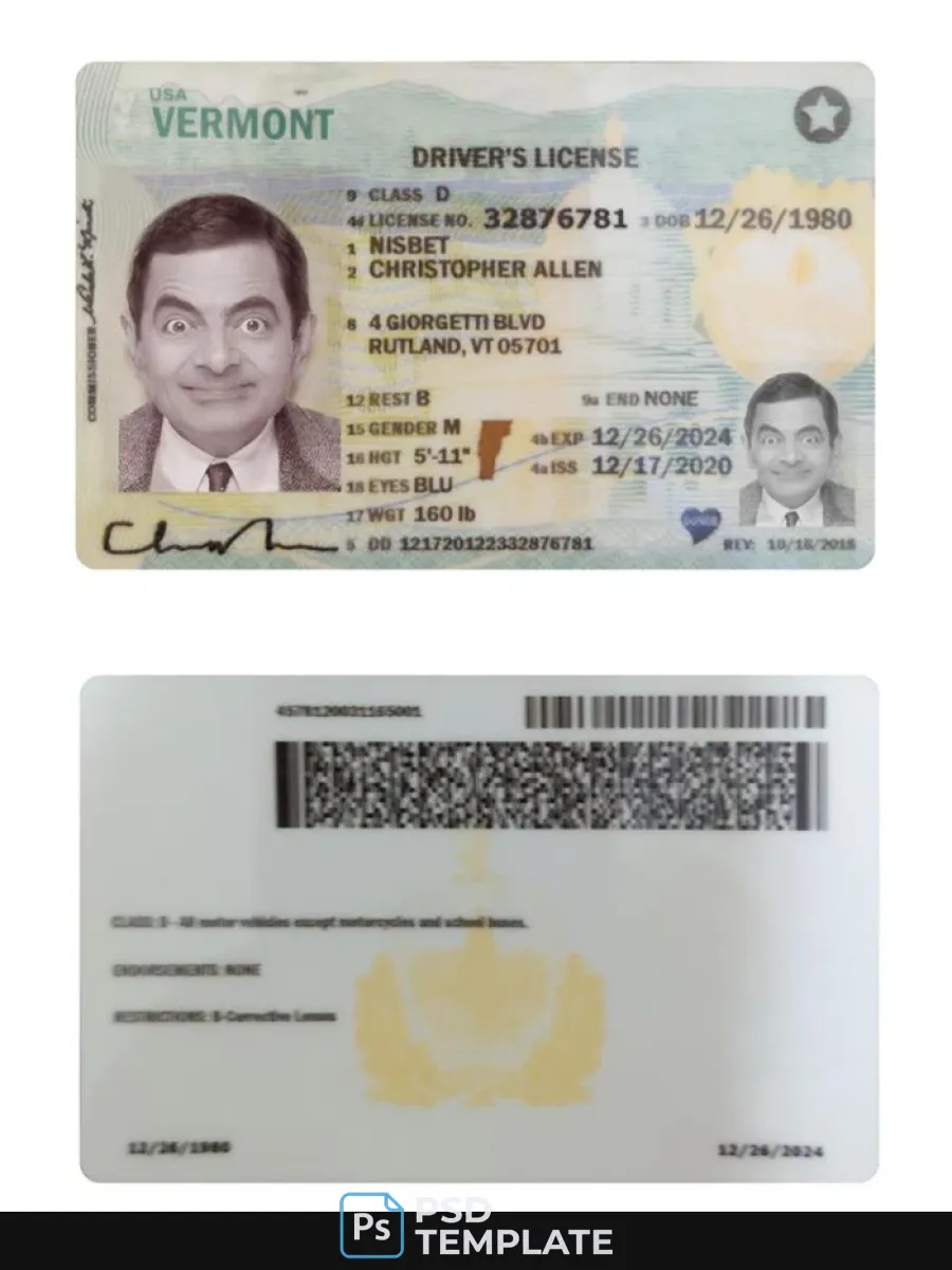 Usa Vermont Driving License 2020 Present — Driver License