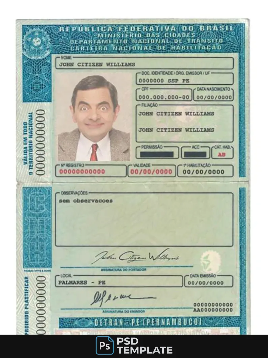 Brazil Detran Pe Pernambuco Driving License — Driver License