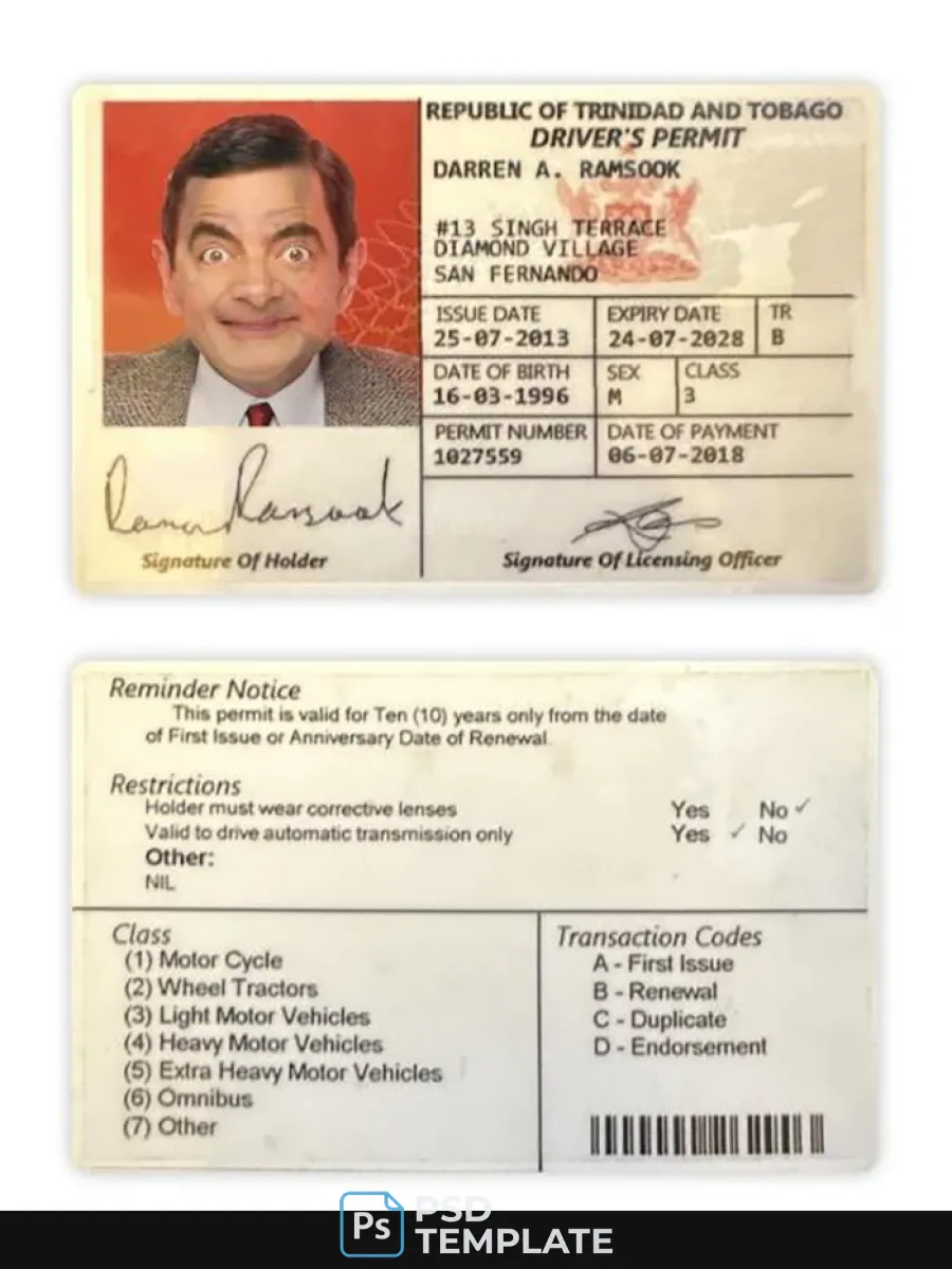 Trinidad And Tobago Driving License 2018 Present — Driver License