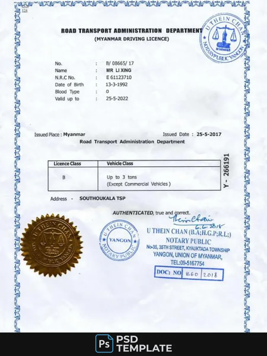 Myanmar Driving License — Driver License