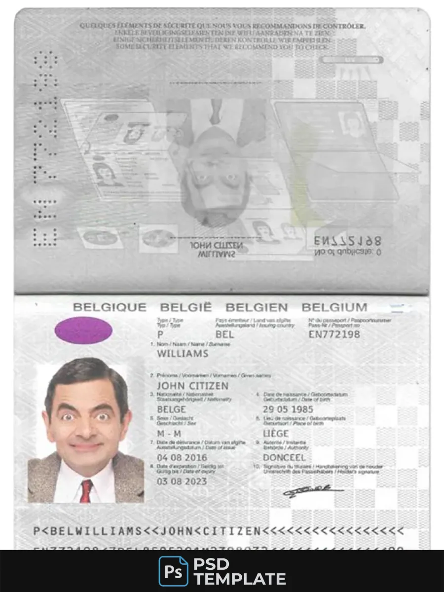 Belgium Passport Psd Template With Fonts Version 2 2017 Present — Passports