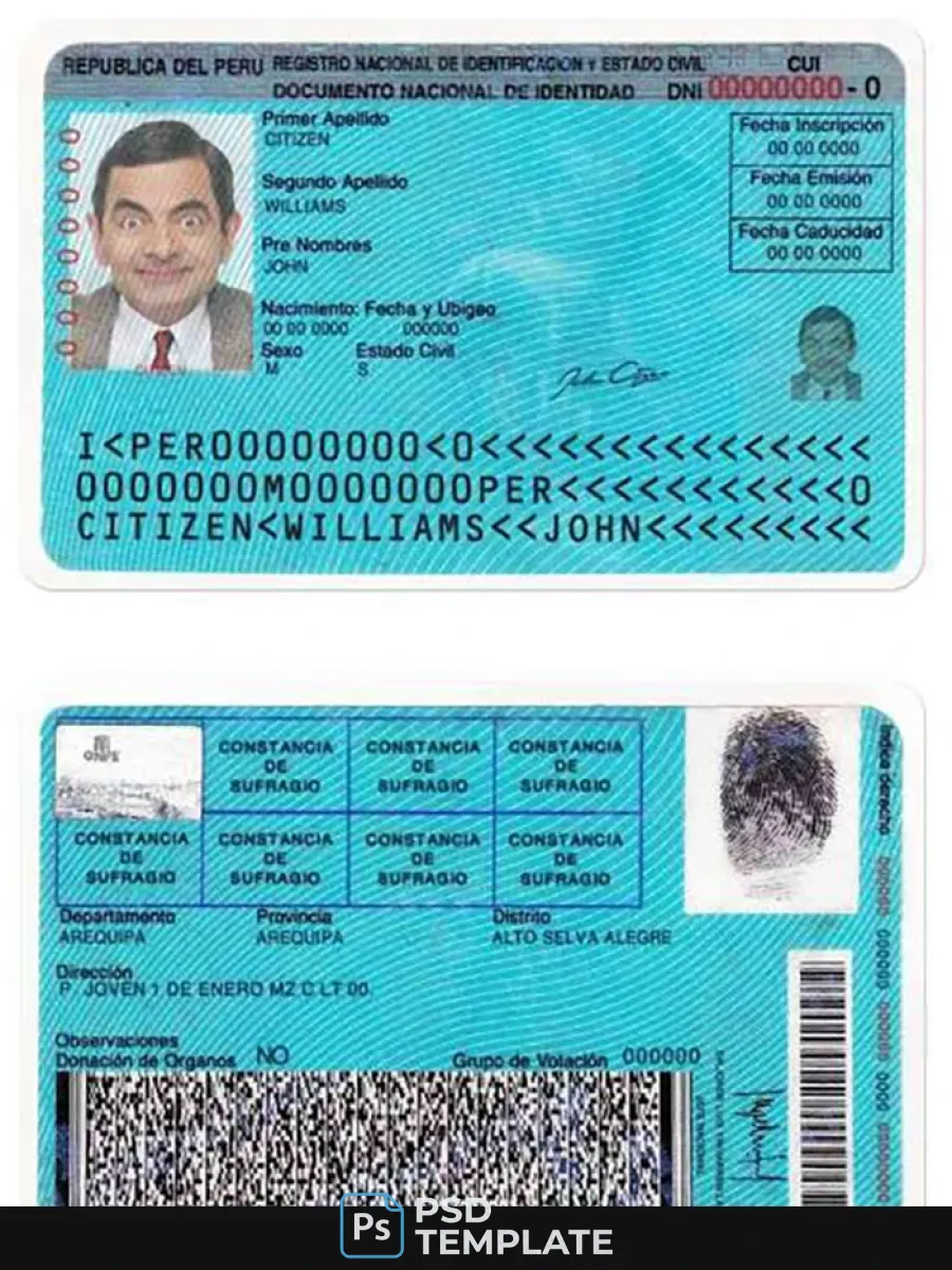 Peru Identity Card Psd Template With Fonts Version 2 — ID Cards