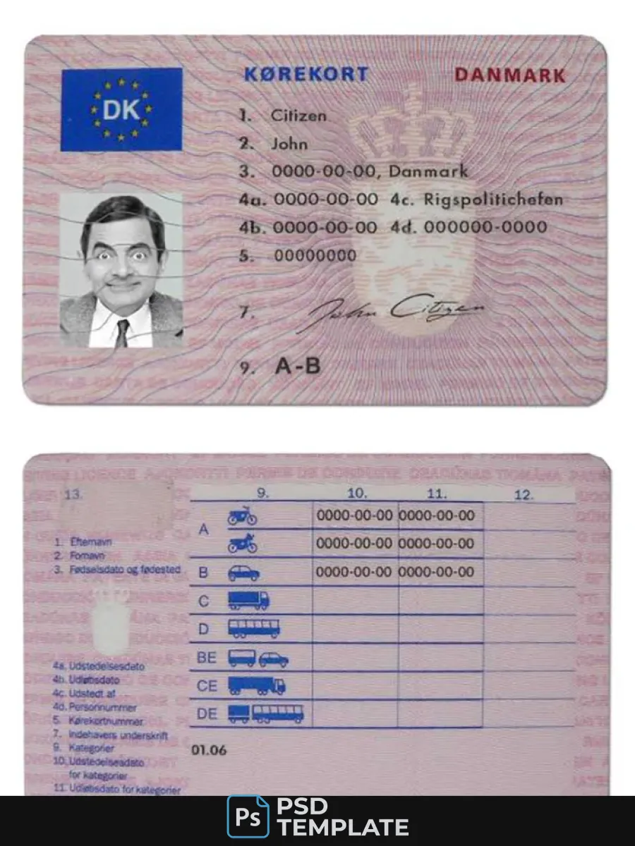 Denmark Driving License Template In Psd Formatfully E Ditable19972013 — Driver License