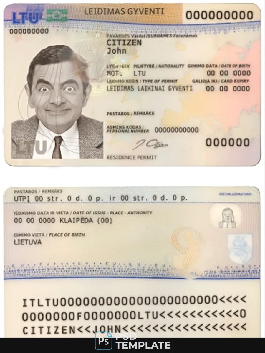 Lithuania Litva Residence Permit Card Template In Psd Format Fully Editable 2020 Present — Residence Permit