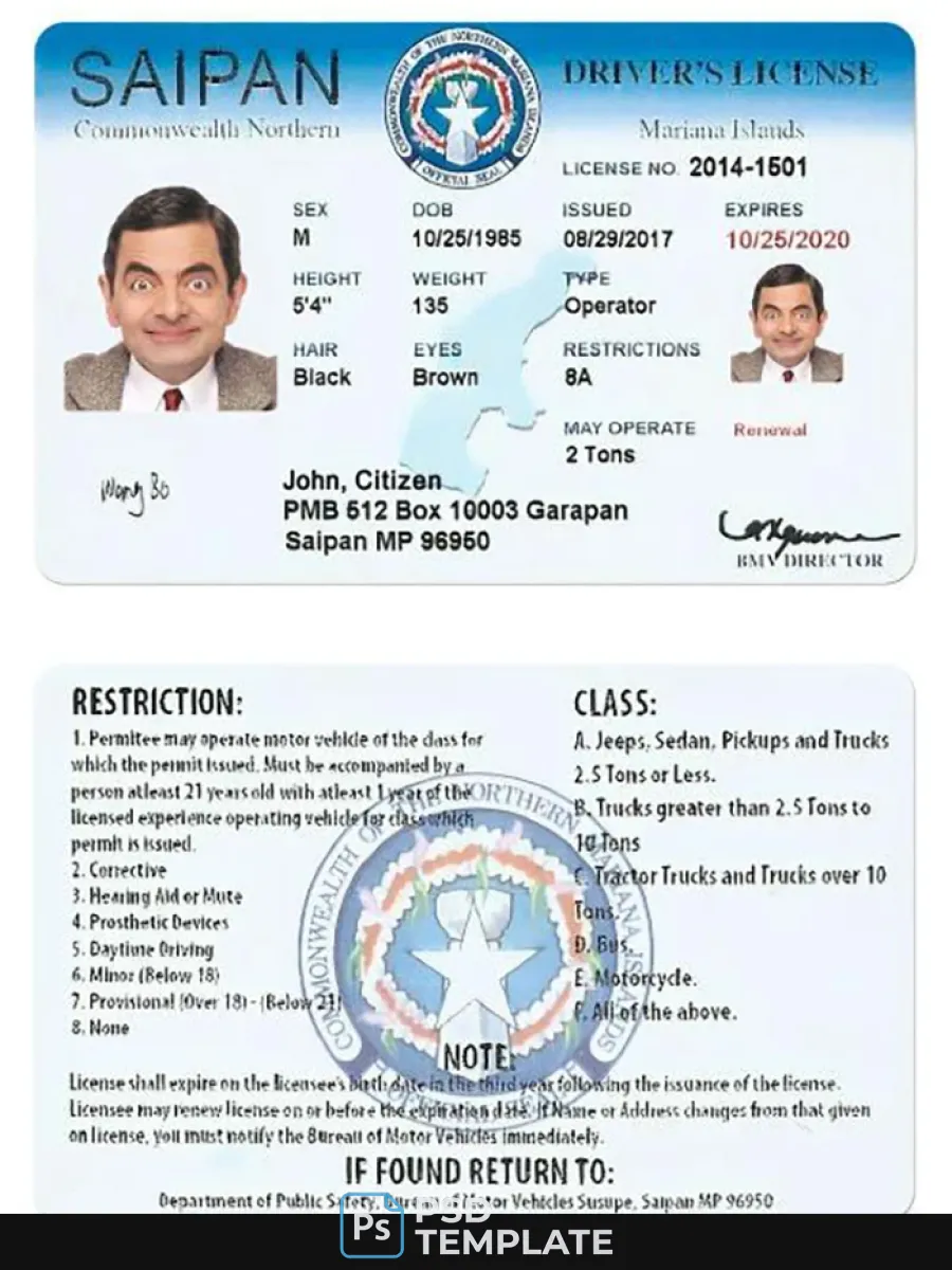 Northern Mariana Islands Saipan Driving License — Driver License