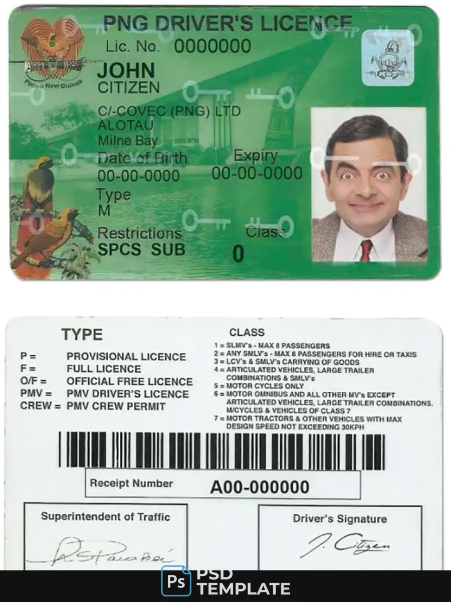 Papua New Guinea Driving License Template In Psdformat2020 Present — Driver License